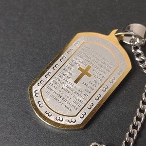 24 Inch Lord's Prayer Dog Tag Style Two Tone Necklace